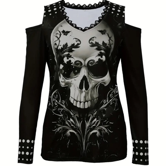 NWOT Womens Skull Cold Shoulder Studded Top Size M Gothic Rock Punk V-Neck Shirt - Picture 2 of 10